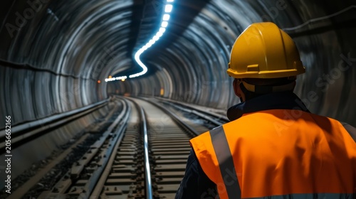 Inspecting rail infrastructure underground tunnel construction site dimly lit environment side view safety and maintenance awareness
