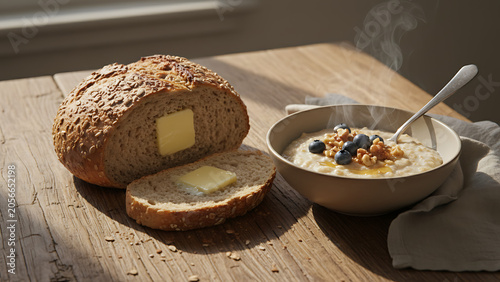 Artisanal crusty whole grain sourdough loaf with creamy yellow butter slice and organic cereal oats in ceramic bowl on rustic vintage wooden table background for healthy breakfast nutrition