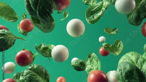 Fresh spinach leaves, red tomatoes, and white spheres in dynamic midair arrangement against a green background