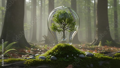 Luminous glass bulb housing a miniature tree growing amidst lush green moss and natural stones in a misty woodland forest, symbolizing sustainable ecology and renewable energy innovation.