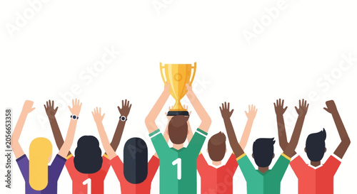 Diverse group of people in sports jerseys raising their arms and holding a trophy aloft in celebration against a clean white background with a vibrant and triumphant mood.