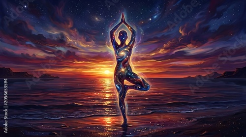 Mystical Yoga Pose at Sunset on a Serene Beach.