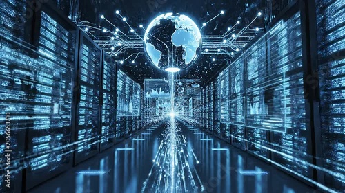 Data Center Server Room with Globe and Network Connections.