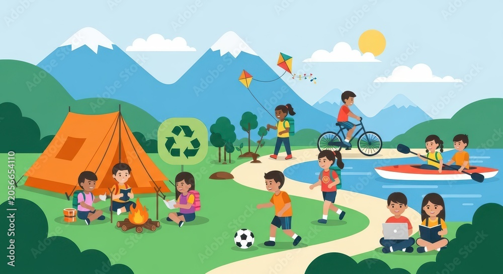 Naklejka premium Children Enjoying Summer Camp Activities Outdoors with Camping, Kayaking, Cycling, and Environmental Education