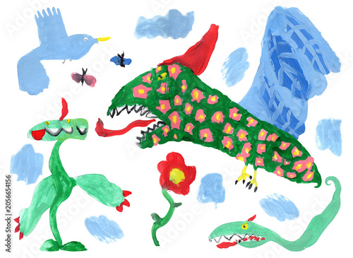 Canvas-taulu Fary tale Dragon, snake, predator flower and bird