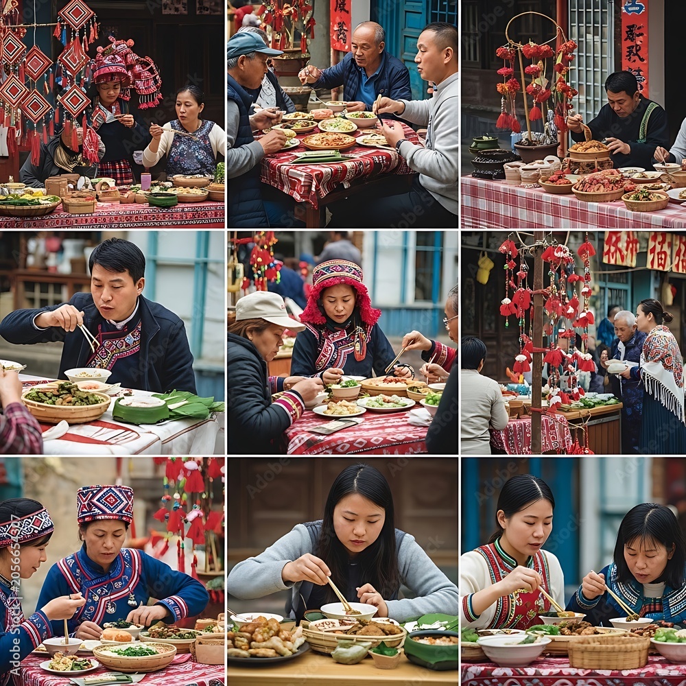 Fototapeta premium Collage of diverse people enjoying traditional Chinese food at a festive market.