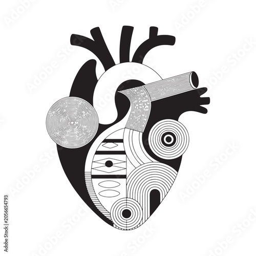 Anatomical Heart Illustration Black And White Vector Graphic With Circular Elements