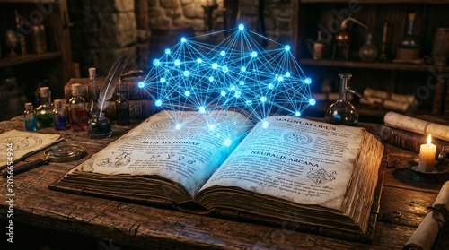 Glowing digital neural network hologram rising from an ancient open book on a wooden desk in a medieval alchemist laboratory, concept of artificial intelligence and magic