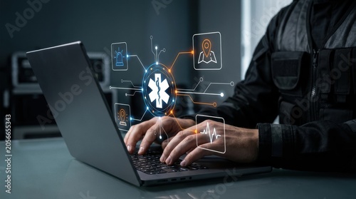 Obraz na plátně Tactical paramedic using laptop for real-time medical dispatch via futuristic di