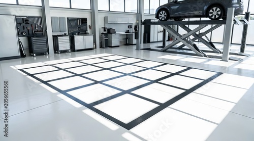 Modern automotive repair workshop with a car on a hydraulic lift and floor markings.