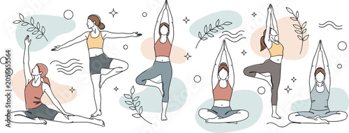 Fotografie Minimalist Women Yoga Pose Vector Set with Meditation, Stretching Exercises, Min
