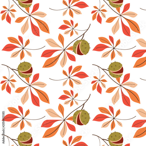 Schilderij op canvas Seamless autumn pattern with chestnuts and colorful horse chestnut leaves in warm seasonal colors