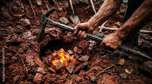A close up view of a miner using a rock hammer to extract precious gemstones from the earth.