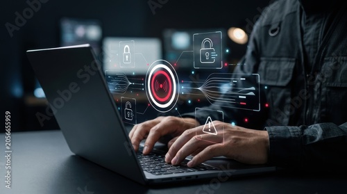 Professional using laptop for secure network monitoring with digital interface icons showing encryption and data safety, cybersecurity concept, information modern technology business concept