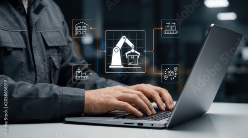 Technician using laptop to manage automated warehouse logistics through a digital interface with robotic arm icons, industry 4.0, smart manufacturing, supply chain modern technology business concept