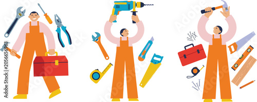 Professional repairman characters holding various construction tools and toolboxes vector illustration