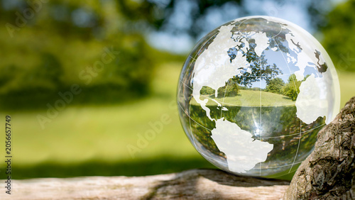 Foto World Globe map on a glassball with nature inside and being out in the nature and in the forest in Denmark/Scandinavia
