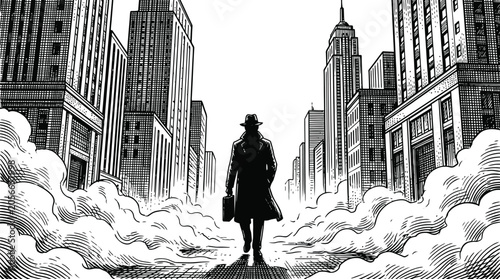 Noir detective walking down a city street black and white engraving illustration