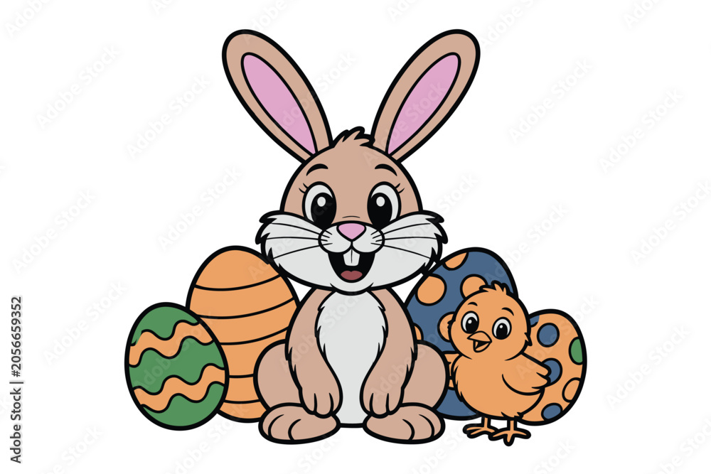 Obraz premium Cute easter bunny and chick illustration with decorated eggs