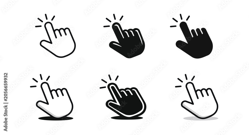 Fototapeta premium Hand click and touch gesture icon set featuring outline and solid styles. Perfect for UI, UX, mobile apps, websites, buttons, touchscreen interactions, navigation elements and digital interface design