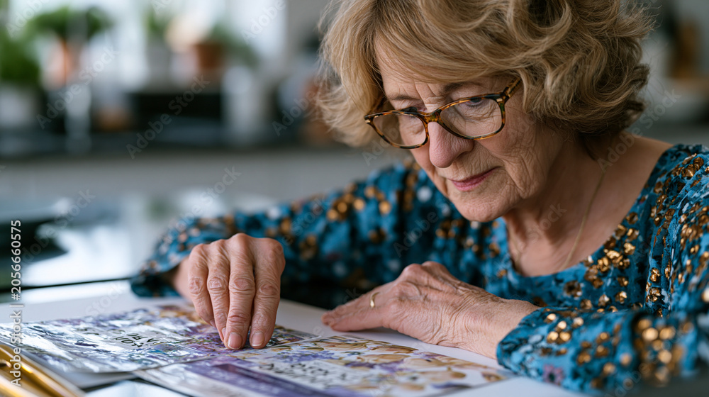 Fototapeta premium Elderly woman in her seventies carefully comparing two versions of product packaging redesigns spread across a sunlit kitchen table, reading glasses on, evaluating label typography and material text