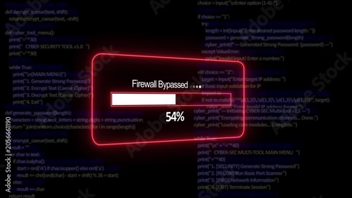 Teal firewall bypassed Progress Bar on a Background of Computer Code loading programming. 4K Cyber Security Alert Animation