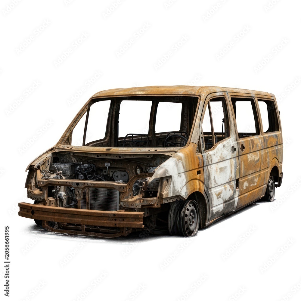Fototapeta premium Burned Out Van Isolated on White Background.