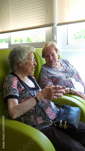 Two cheerful senior women talking and gesturing while sitting in comfortable armchairs. Concept of friendship, aging, and companionship