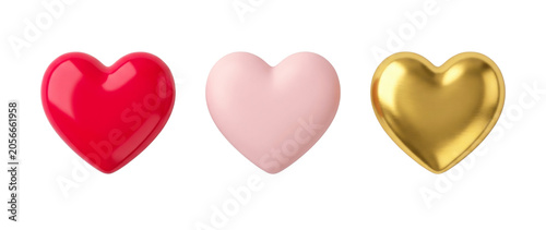 Three glossy 3d heart shaped icons in red pink and gold isolated on transparent background.