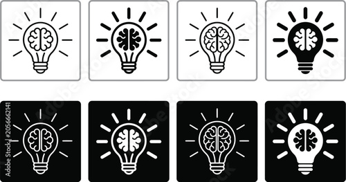 Light Bulb Icons, Brain Creativity and Innovation Symbol Set