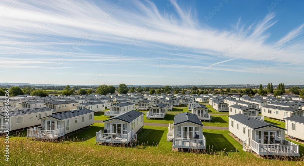 Fototapeta premium Modern Static Caravans in a Large Holiday Park Under a Clear Blue Sky with Wispy Clouds