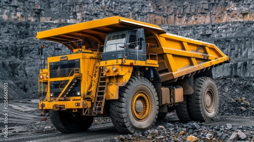 The industrial site at the openpit mine is bustling with yellow mining trucks and heavy machinery on a sunny day