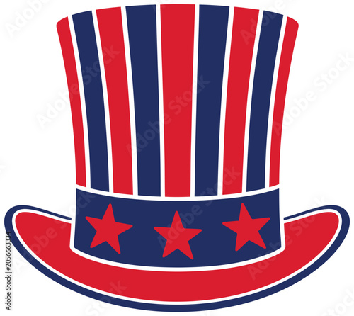 Vibrant illustration of a patriotic top hat with red, white, and blue colors