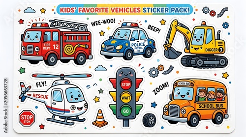 Kids favorite vehicles sticker pack banner template with school bus and emergency transport