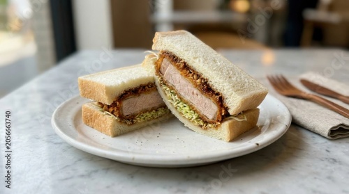 Japanese pork cutlet sandwich sando on white plate with sandwich, tonkatsu