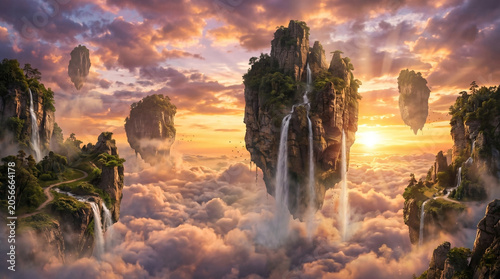 Surreal Floating Mountains Above Clouds at Golden Sunset with Waterfalls Cinematic Fantasy Landscape