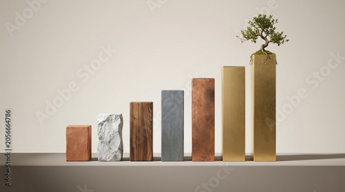 Conscious Capitalism Growth Chart with Natural Materials Gold Bars and Bonsai Tree 3D Illustration
