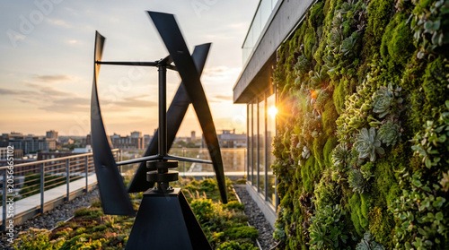 Modern rooftop wind turbine with green moss wall for sustainable energy