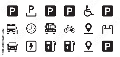 Set of transport and parking icons including buses disabled access and electric car charging.