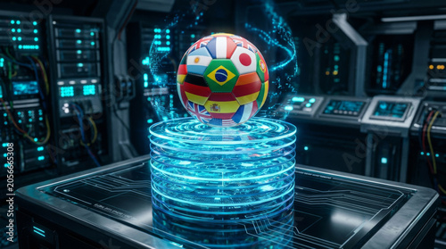 A futuristic soccer ball adorned with flags from around the world, hovering above a glowing blue platform in a tech-inspired environment.
