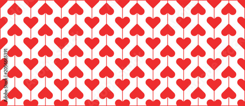 A bold and vibrant seamless pattern featuring red hearts aligned with straight vertical lines on a clean white background. This energetic design is perfect for Valentine's Day marketing love-themed.