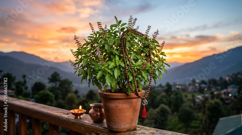 Sacred Tulsi Plant with Prayer Beads at Sunset for HAPPY NIRJALA EKADASHI Spiritual Calm