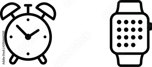Clock Icons, Alarm Clock and Smartwatch Line Art Set