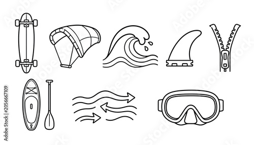 Fotografía Surfing Equipment Line Icons.