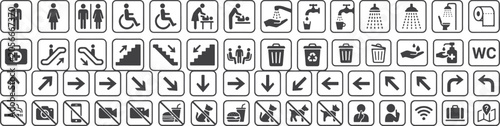 Vector illustration of public facility icons including restrooms accessibility baby changing and hygiene symbols.