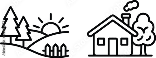 Sunrise Icons, Hills Trees and Cottage Landscape Set