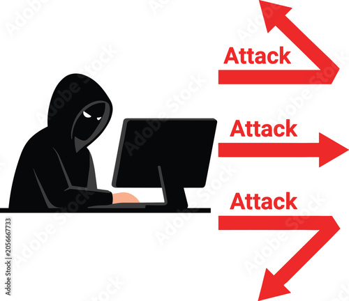 Minimalist flat vector illustration of hooded hacker launching multiple cyber attacks for web security