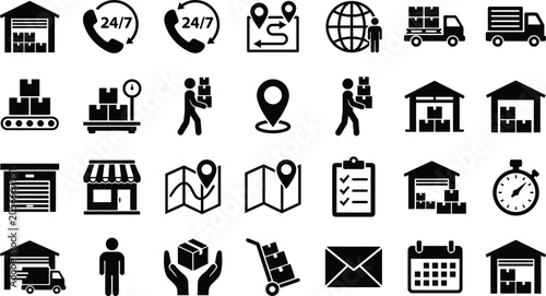 Logistics and warehouse vector icon set featuring delivery trucks shipping maps courier services global distribution and package handling symbols