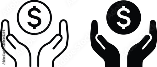 Financial Security Icons, Dollar Coin and Protective Hands Set