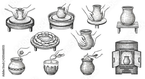 Фотография Pottery Making Process Illustrated Collection Black And White Silhouette